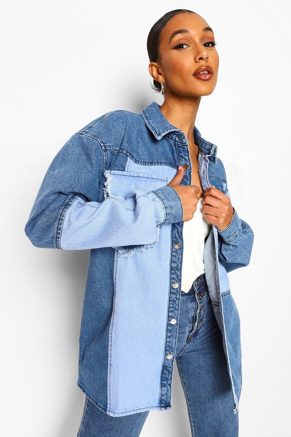 Patchwork Colour Block Rigid Denim Shirt